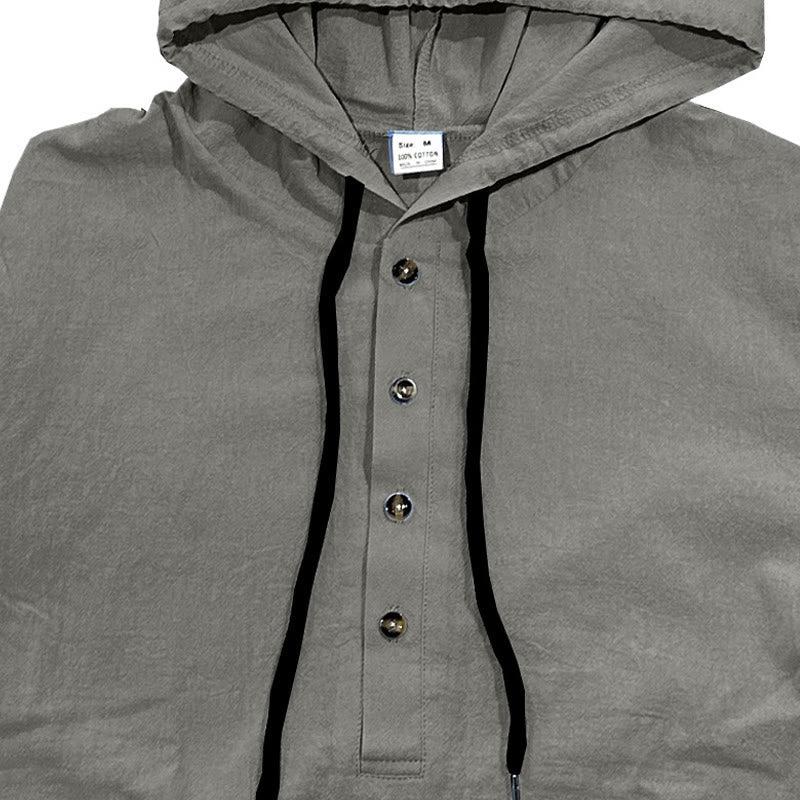 Buddha Stones Solid Color Fall Half Buttons Men's Hooded Long Sleeve Cotton Shirt - image 11