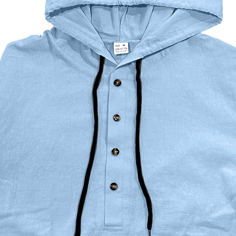 Buddha Stones Solid Color Fall Half Buttons Men's Hooded Long Sleeve Cotton Shirt - image 3