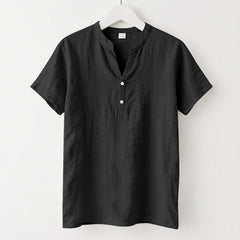 Buddha Stones Solid Summer Short Sleeve Half Buttons Linen Men's Shirt - Black - US/UK/AU46，EU56 (3XL) - image 1