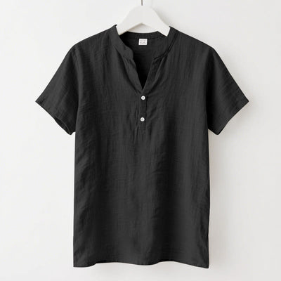 Buddha Stones Solid Summer Short Sleeve Half Buttons Linen Men's Shirt - Black - US/UK/AU46，EU56 (3XL) - image 1