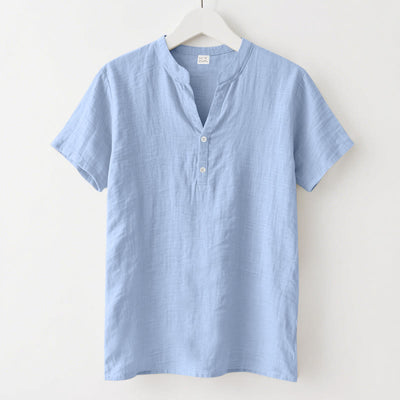 Buddha Stones Solid Summer Short Sleeve Half Buttons Linen Men's Shirt - LightSkyBlue - US/UK/AU46，EU56 (3XL) - image 19