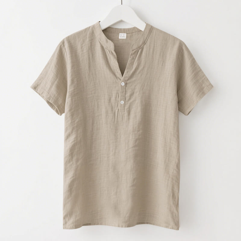 Buddha Stones Solid Summer Short Sleeve Half Buttons Linen Men's Shirt - Wheat - US/UK/AU46，EU56 (3XL) - image 13