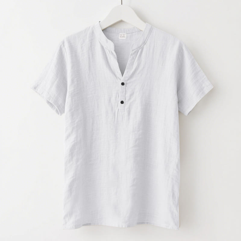 Buddha Stones Solid Summer Short Sleeve Half Buttons Linen Men's Shirt - White - US/UK/AU46，EU56 (3XL) - image 7