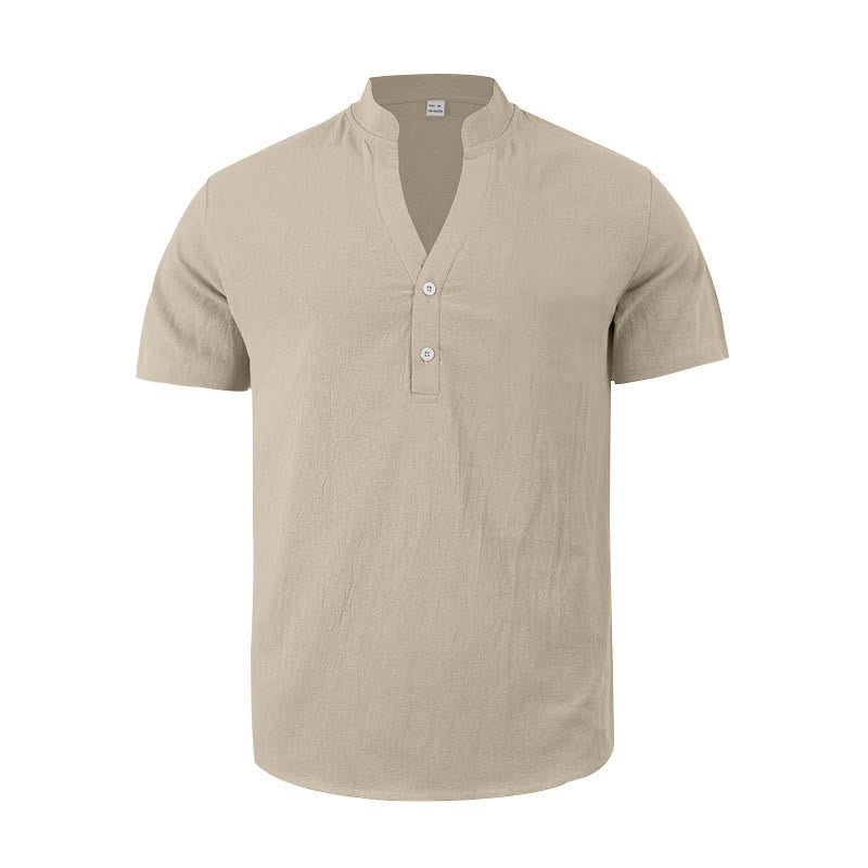 Buddha Stones Solid Summer Short Sleeve Half Buttons Linen Men's Shirt - image 14
