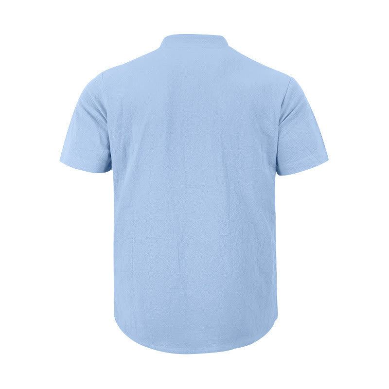 Buddha Stones Solid Summer Short Sleeve Half Buttons Linen Men's Shirt - image 21