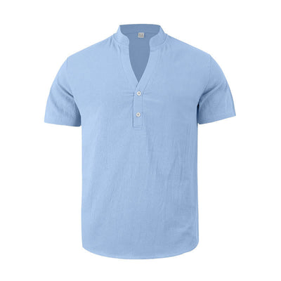 Buddha Stones Solid Summer Short Sleeve Half Buttons Linen Men's Shirt - image 20