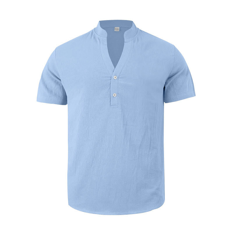 Buddha Stones Solid Summer Short Sleeve Half Buttons Linen Men's Shirt - image 20