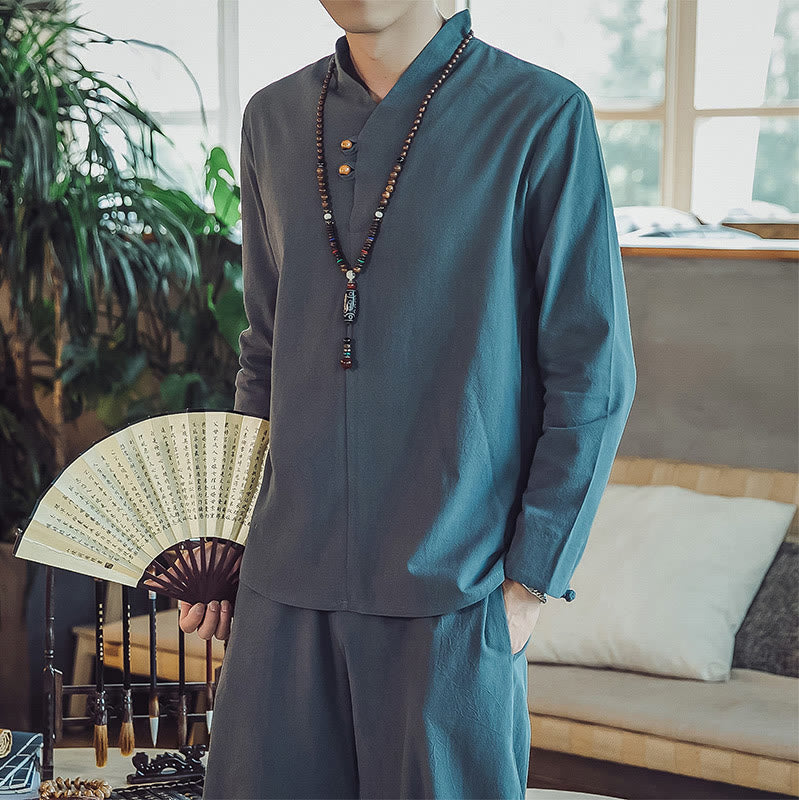 Buddha Stones 2Pcs Shirt Ankle-Length Pants With Pockets Men's Meditation Cloth Set - image 24