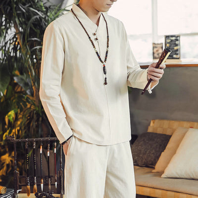 Buddha Stones 2Pcs Shirt Ankle-Length Pants With Pockets Men's Meditation Cloth Set - image 4