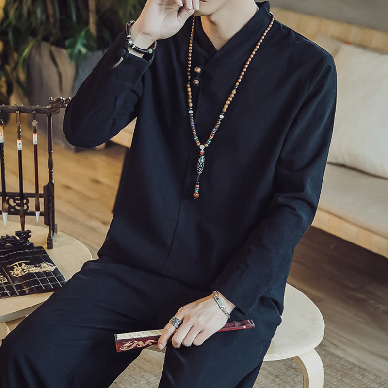 Buddha Stones 2Pcs Shirt Ankle-Length Pants With Pockets Men's Meditation Cloth Set - image 16