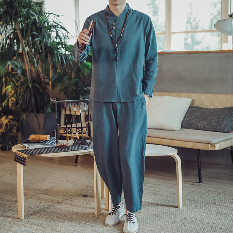 Buddha Stones 2Pcs Shirt Ankle-Length Pants With Pockets Men's Meditation Cloth Set - image 19