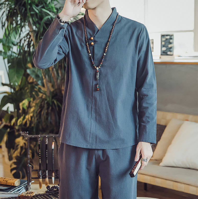 Buddha Stones 2Pcs Shirt Ankle-Length Pants With Pockets Men's Meditation Cloth Set - image 38