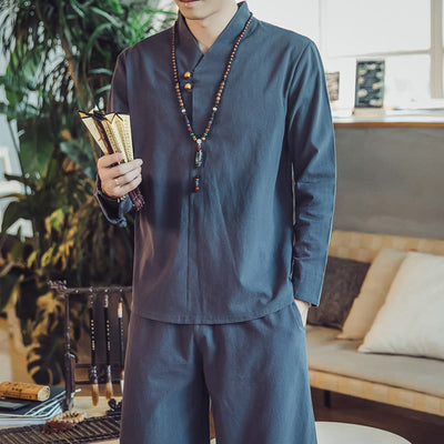 Buddha Stones 2Pcs Shirt Ankle-Length Pants With Pockets Men's Meditation Cloth Set - image 42