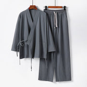 Foviel 2Pcs Lace-up Cotton Linen Kimono Pants With Pockets Men's Meditation Cloth Set