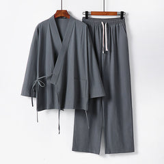 Buddha Stones 2Pcs Lace-up Cotton Kimono Pants With Pockets Men's Meditation Cloth Set - Gray - US/UK/AU54，EU64 (9XL) - image 1