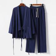 Foviel 2Pcs Lace-up Cotton Linen Kimono Pants With Pockets Men's Meditation Cloth Set