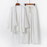 Foviel 2Pcs Lace-up Cotton Linen Kimono Pants With Pockets Men's Meditation Cloth Set