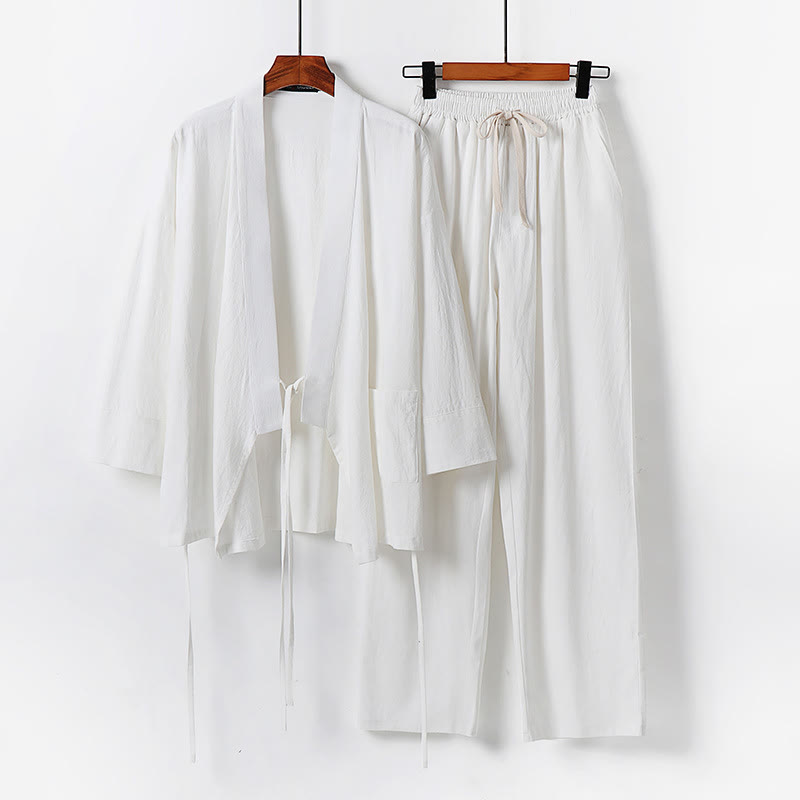 Buddha Stones 2Pcs Lace-up Cotton Kimono Pants With Pockets Men's Meditation Cloth Set - White - US/UK/AU54，EU64 (9XL) - image 2