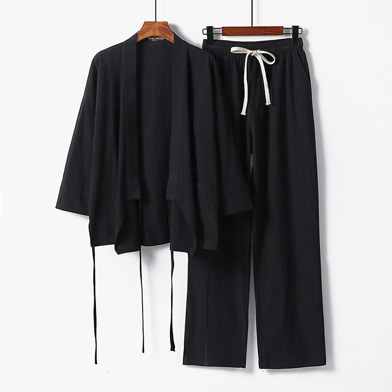 Buddha Stones 2Pcs Lace-up Cotton Kimono Pants With Pockets Men's Meditation Cloth Set - Black - US/UK/AU54，EU64 (9XL) - image 7