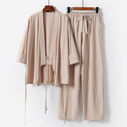 Foviel 2Pcs Lace-up Cotton Linen Kimono Pants With Pockets Men's Meditation Cloth Set