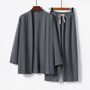 Foviel 2Pcs Cotton Kimono Ankle-Length Pants Men's Meditation Cloth Set