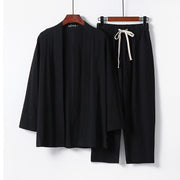 Foviel 2Pcs Cotton Kimono Ankle-Length Pants Men's Meditation Cloth Set