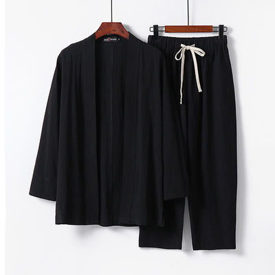 Buddha Stones 2Pcs Cotton Kimono Ankle-Length Pants Men's Meditation Cloth Set - Black - US/UK/AU54，EU64 (9XL) - image 6