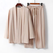 Foviel 2Pcs Cotton Kimono Ankle-Length Pants Men's Meditation Cloth Set