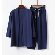 Foviel 2Pcs Cotton Kimono Ankle-Length Pants Men's Meditation Cloth Set