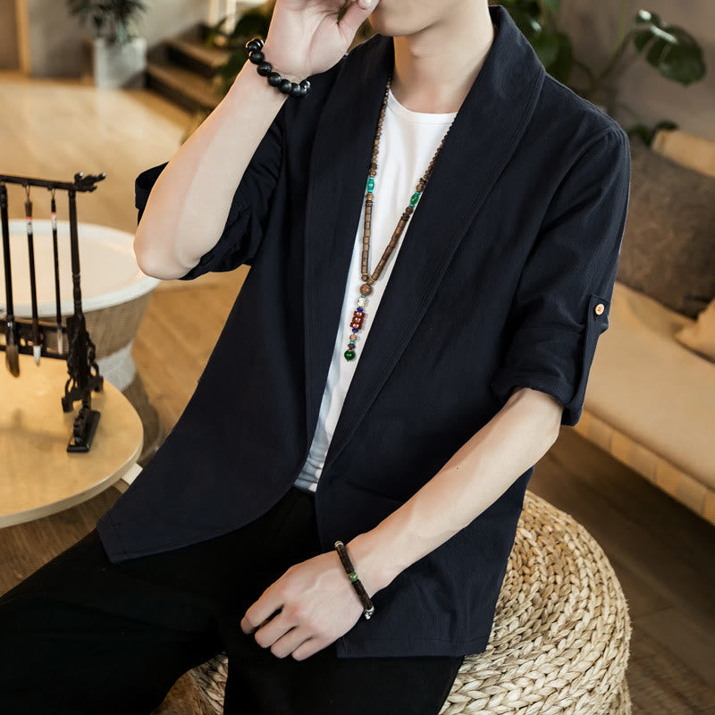 Buddha Stones Vintage Plain Lapel Open Front Jacket Cotton Men's Kimono - image 19