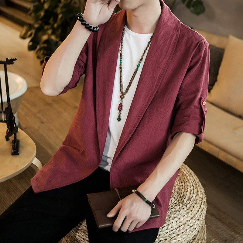 Buddha Stones Vintage Plain Lapel Open Front Jacket Cotton Men's Kimono - image 24