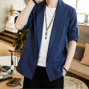 Foviel Vintage Plain Lapel Open Front Jacket Cotton Men's Kimono