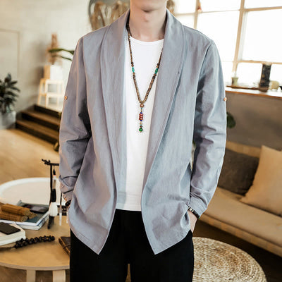 Buddha Stones Vintage Plain Lapel Open Front Jacket Cotton Men's Kimono - image 9