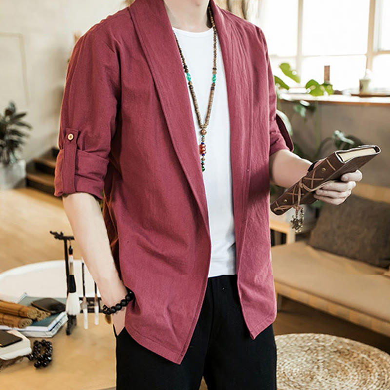Buddha Stones Vintage Plain Lapel Open Front Jacket Cotton Men's Kimono - image 23
