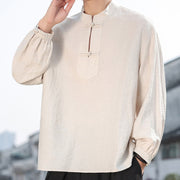 Foviel Two Frog-Button Stand Collar Long Sleeve Men's Cotton Shirt