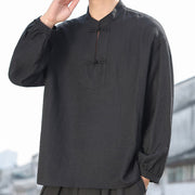 Foviel Two Frog-Button Stand Collar Long Sleeve Men's Cotton Shirt
