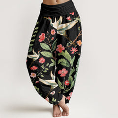 Buddha Stones Cotton Casual Red Flowers Crane Pattern Women's Elastic Waist Harem Pants - Black - US22，UK/AU26，EU54 (6XL) - image 0