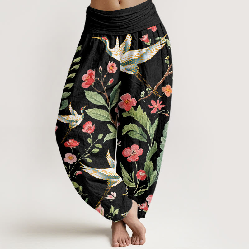 Buddha Stones Cotton Casual Red Flowers Crane Pattern Women's Elastic Waist Harem Pants - Black - US22，UK/AU26，EU54 (6XL) - image 0