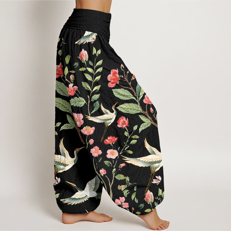 Buddha Stones Cotton Casual Red Flowers Crane Pattern Women's Elastic Waist Harem Pants - image 1