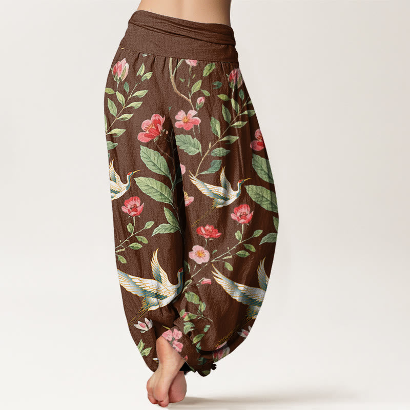 Buddha Stones Cotton Casual Red Flowers Crane Pattern Women's Elastic Waist Harem Pants - image 6
