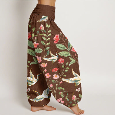 Buddha Stones Cotton Casual Red Flowers Crane Pattern Women's Elastic Waist Harem Pants - image 5
