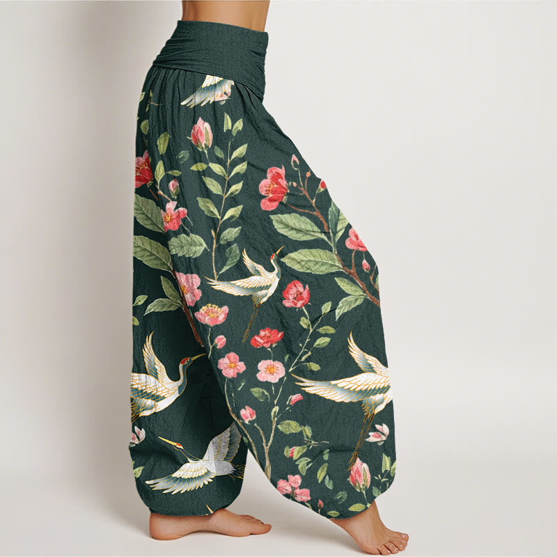 Buddha Stones Cotton Casual Red Flowers Crane Pattern Women's Elastic Waist Harem Pants - image 8