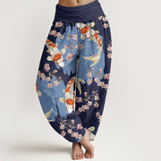 Foviel Cotton Casual Koi Fish Cherry Blossom Pattern Women's Elastic Waist Harem Pants