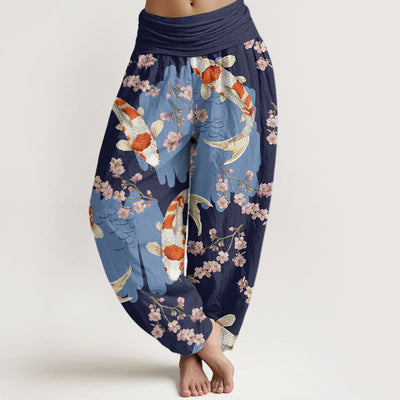 Buddha Stones Cotton Casual Koi Fish Cherry Blossom Pattern Women's Elastic Waist Harem Pants - MidnightBlue - US22，UK/AU26，EU54 (6XL) - image 7