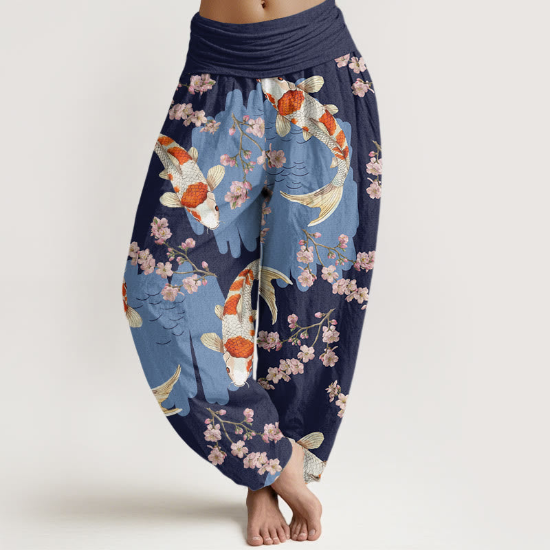 Buddha Stones Cotton Casual Koi Fish Cherry Blossom Pattern Women's Elastic Waist Harem Pants - MidnightBlue - US22，UK/AU26，EU54 (6XL) - image 7