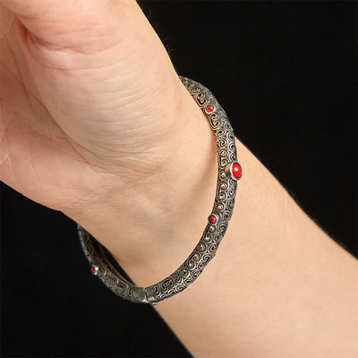 Vintage Tang Dynasty Flower Design Engraved Red Agate Copper Luck Bracelet Bangle - image 16