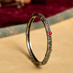 Vintage Tang Dynasty Flower Design Engraved Red Agate Copper Luck Bracelet Bangle - Tang Dynasty Flower Design(Luck♥Vibrant) - image 1