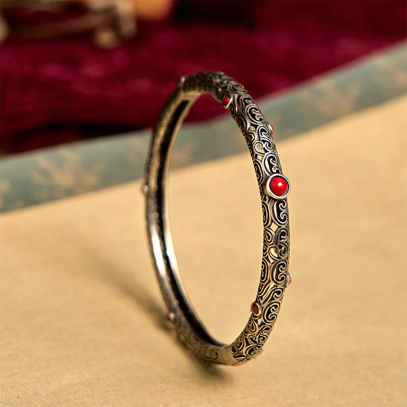 Vintage Tang Dynasty Flower Design Engraved Red Agate Copper Luck Bracelet Bangle - Tang Dynasty Flower Design(Luck♥Vibrant) - image 1