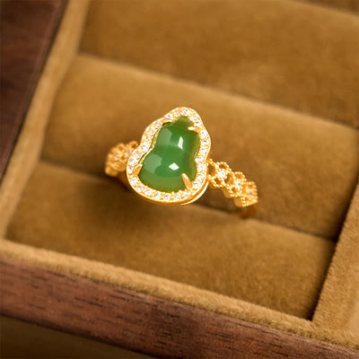 Buddha Stones Vintage Gourd Green Chalcedony Copper Plated Gold Adjustable Wealth Ring - image 3