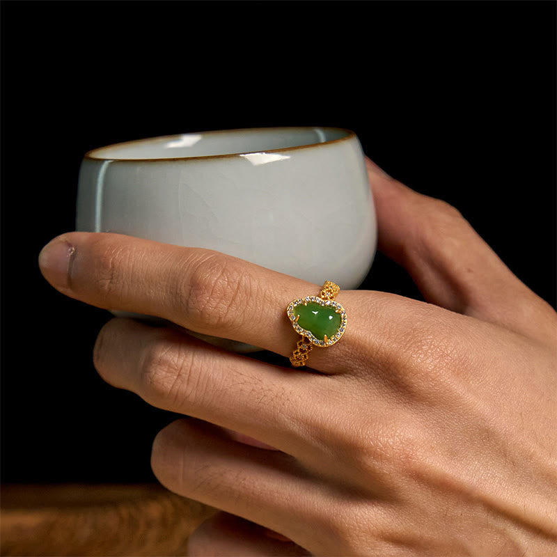 Buddha Stones Vintage Gourd Green Chalcedony Copper Plated Gold Adjustable Wealth Ring - image 12